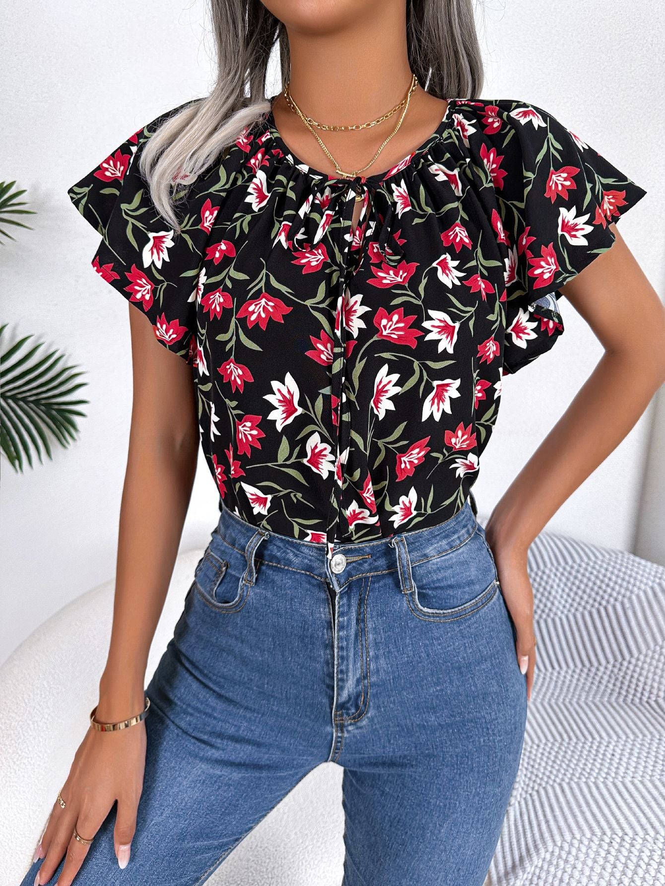 Annalie™ - Blommig Top med Knytband