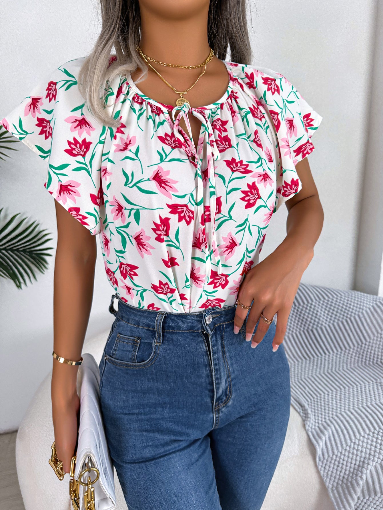 Annalie™ - Blommig Top med Knytband